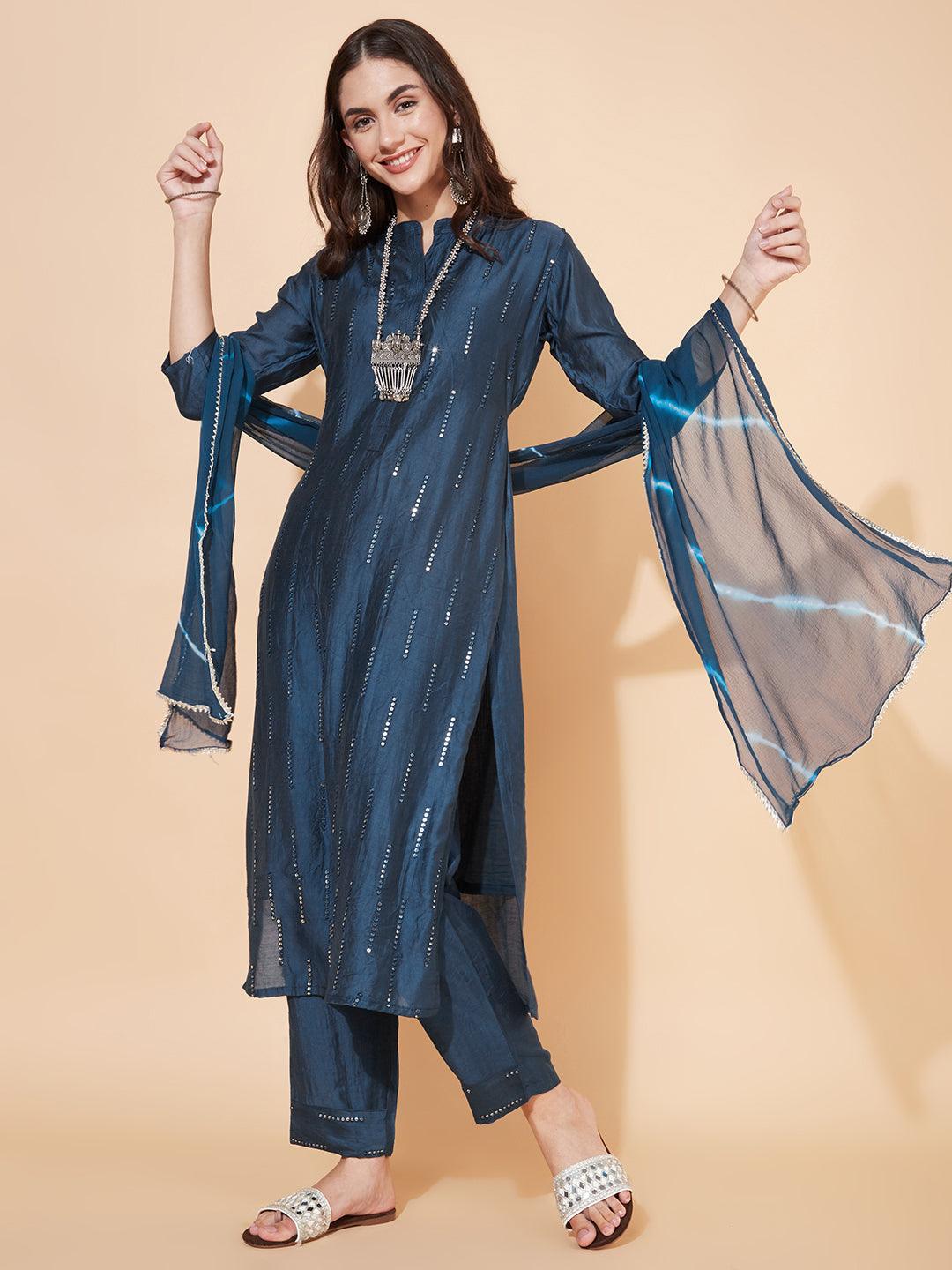 Ethnic Embroidered Straight Fit Kurta with Pants & Dupatta - Teal Blue - Indiakreations