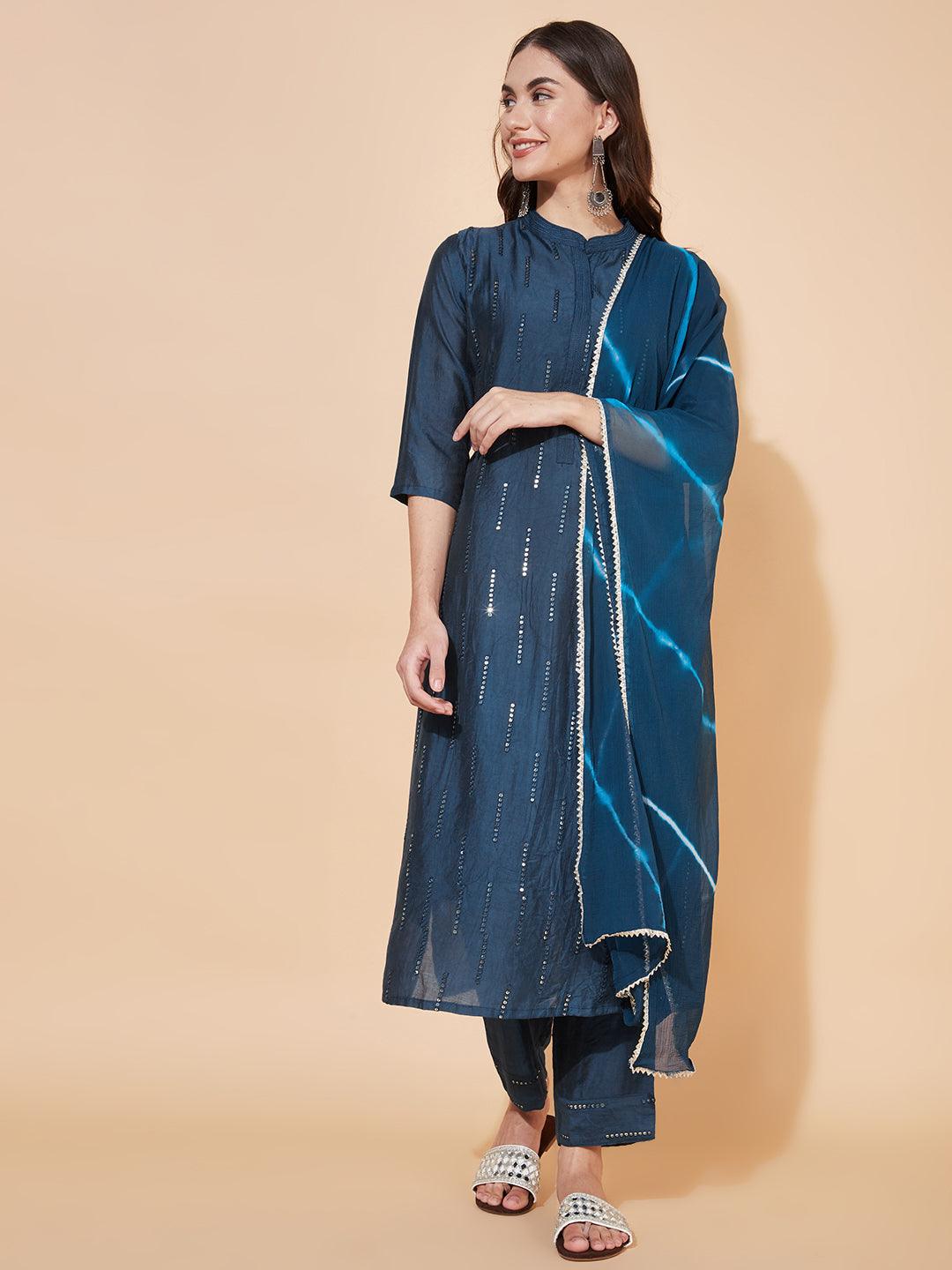 Ethnic Embroidered Straight Fit Kurta with Pants & Dupatta - Teal Blue - Indiakreations