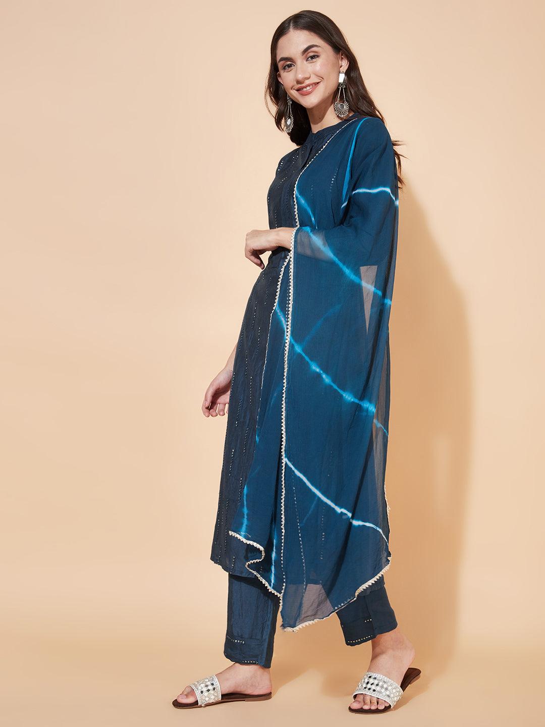 Ethnic Embroidered Straight Fit Kurta with Pants & Dupatta - Teal Blue - Indiakreations