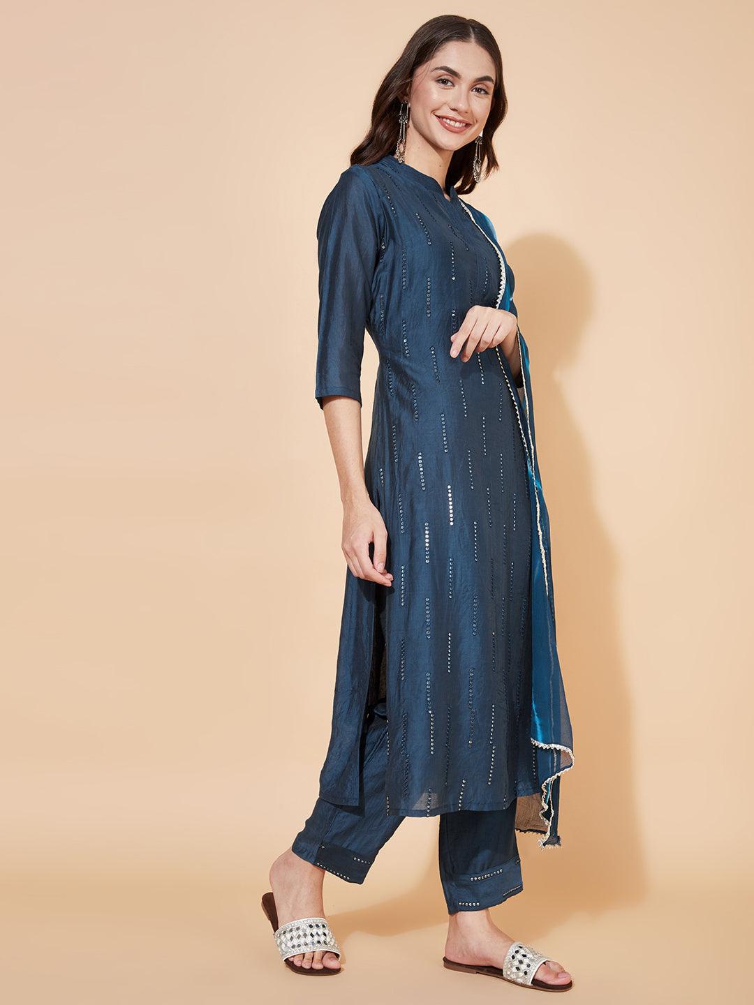 Ethnic Embroidered Straight Fit Kurta with Pants & Dupatta - Teal Blue - Indiakreations