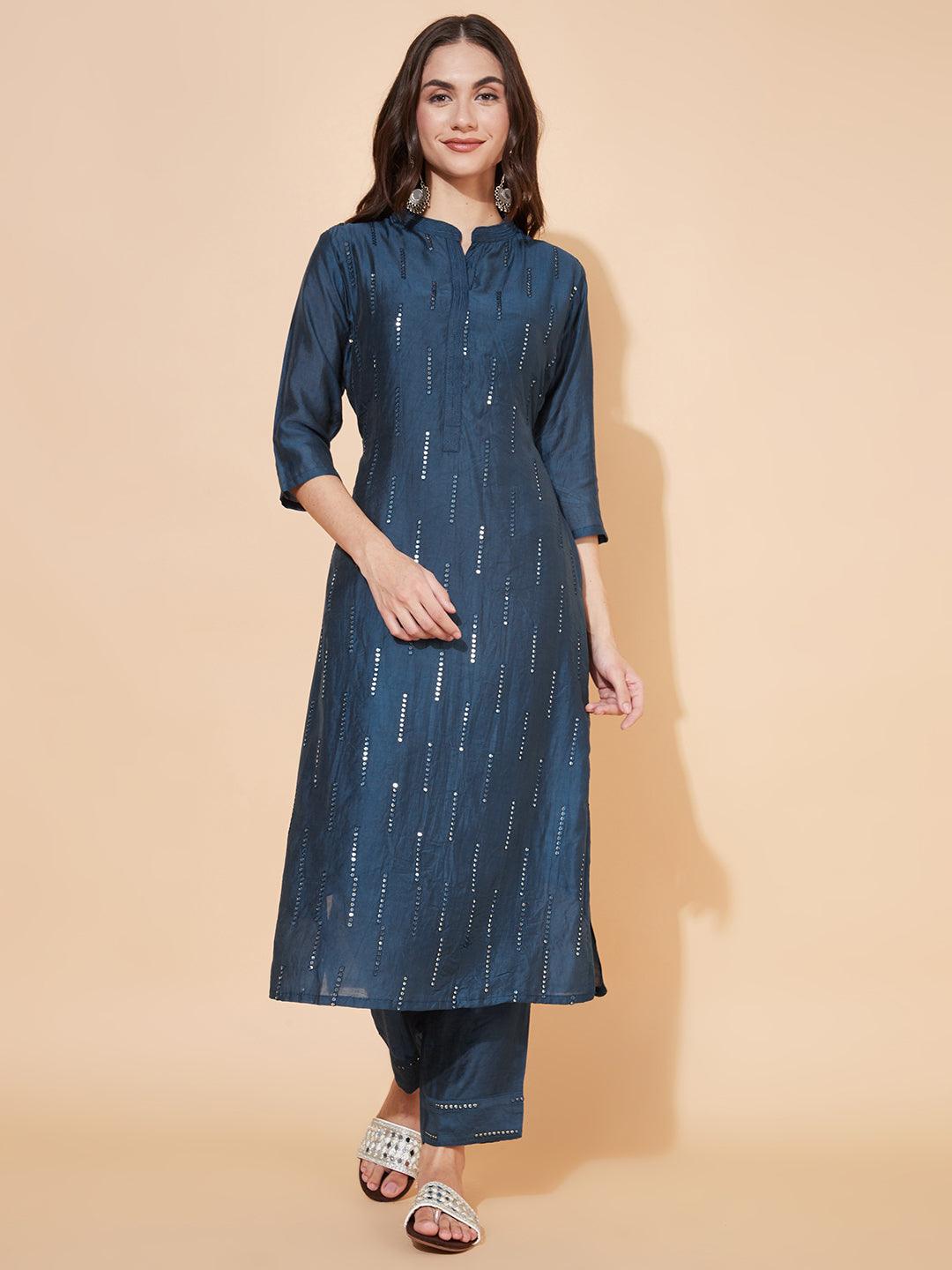 Ethnic Embroidered Straight Fit Kurta with Pants & Dupatta - Teal Blue - Indiakreations