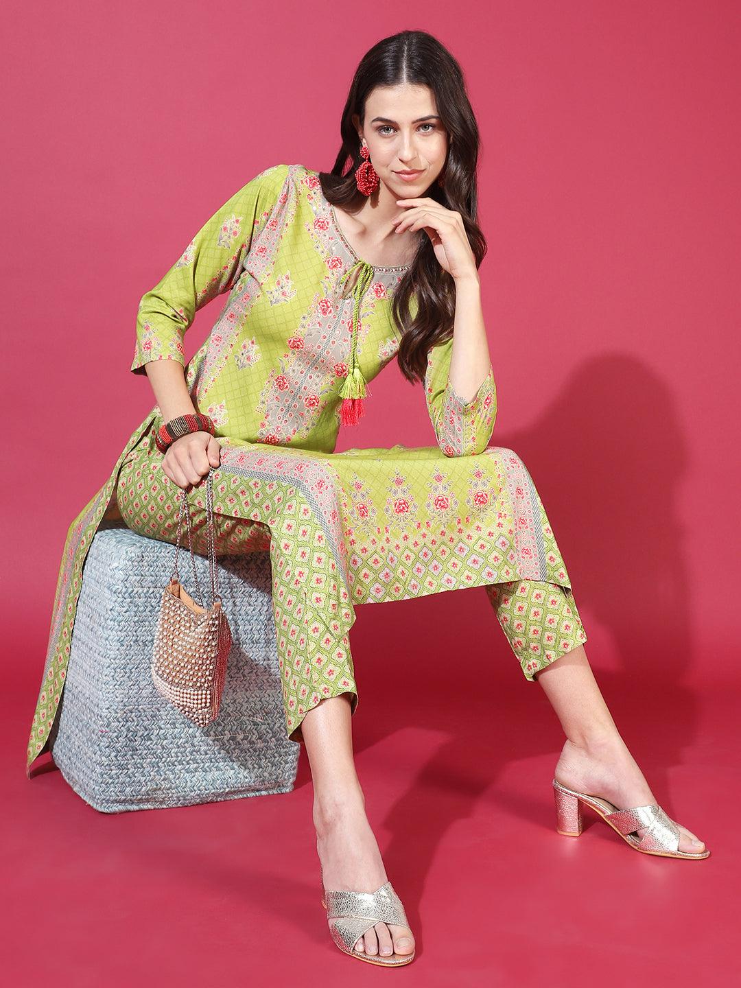 Floral Printed & Hand Embroidered Straight Fit Kurta with Pants - Light Green - Indiakreations