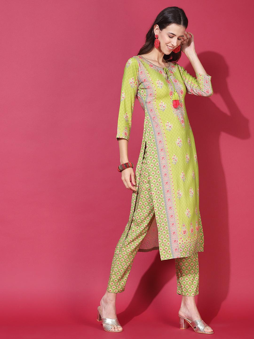 Floral Printed & Hand Embroidered Straight Fit Kurta with Pants - Light Green - Indiakreations