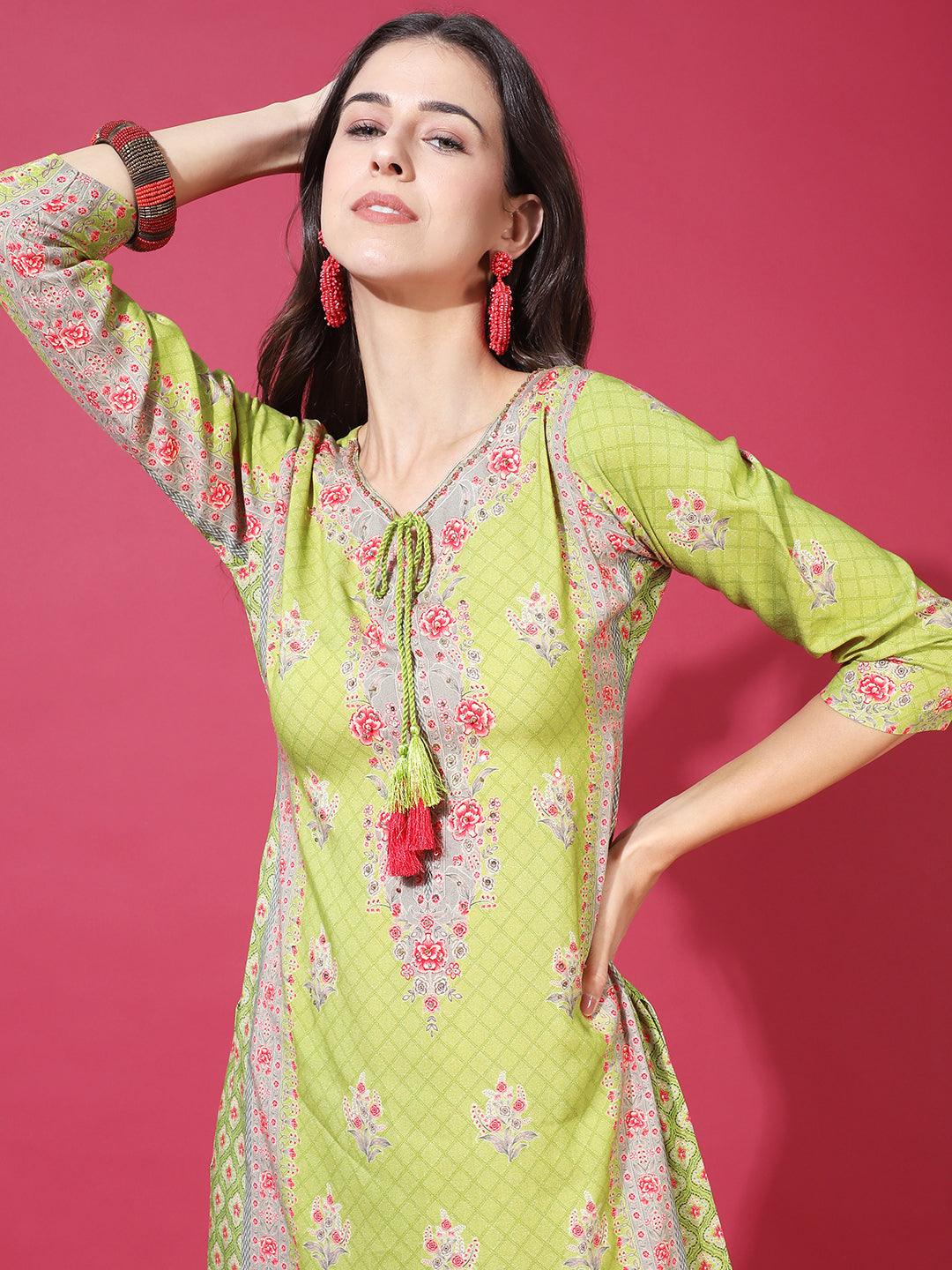 Floral Printed & Hand Embroidered Straight Fit Kurta with Pants - Light Green - Indiakreations