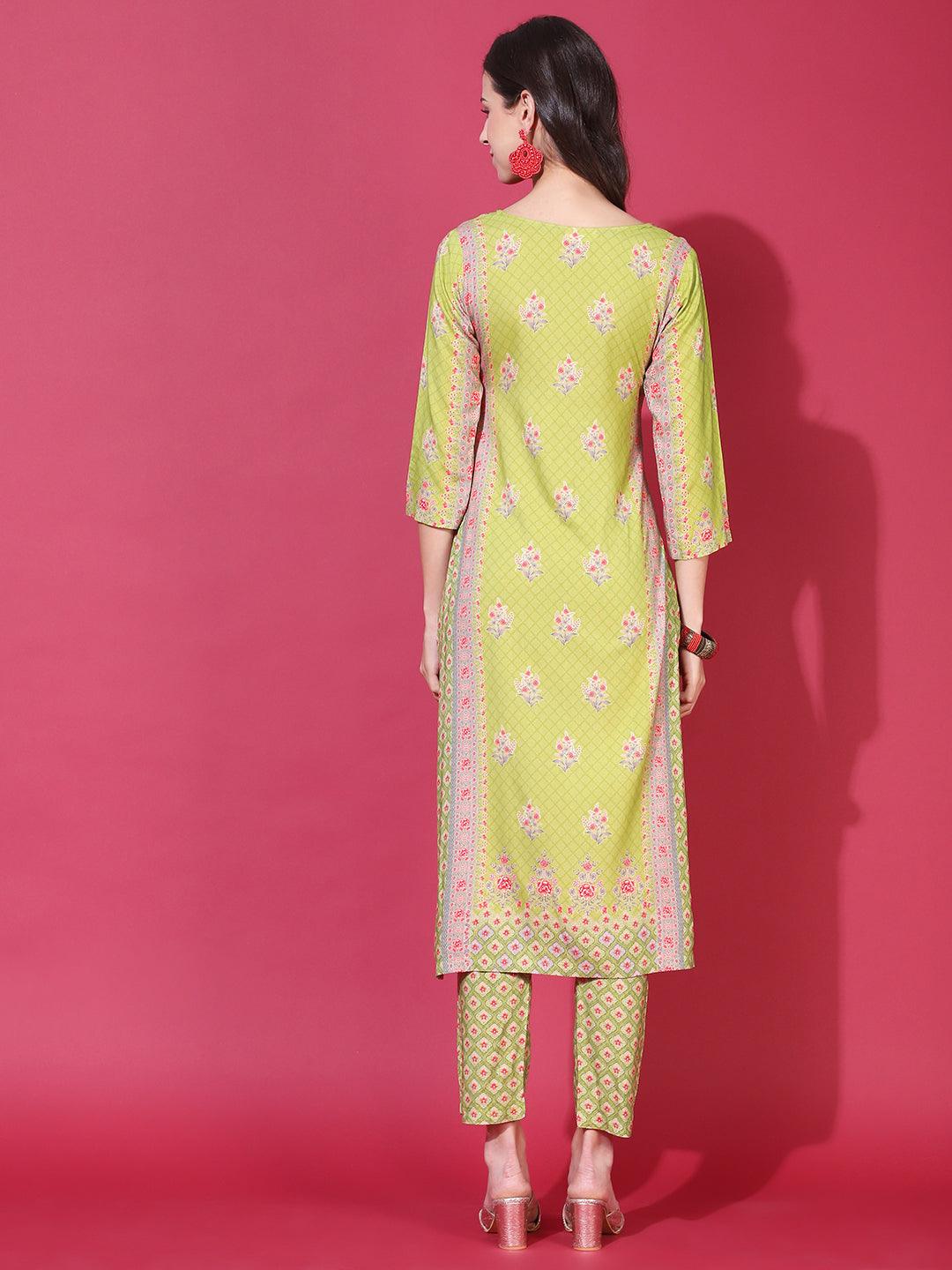 Floral Printed & Hand Embroidered Straight Fit Kurta with Pants - Light Green - Indiakreations