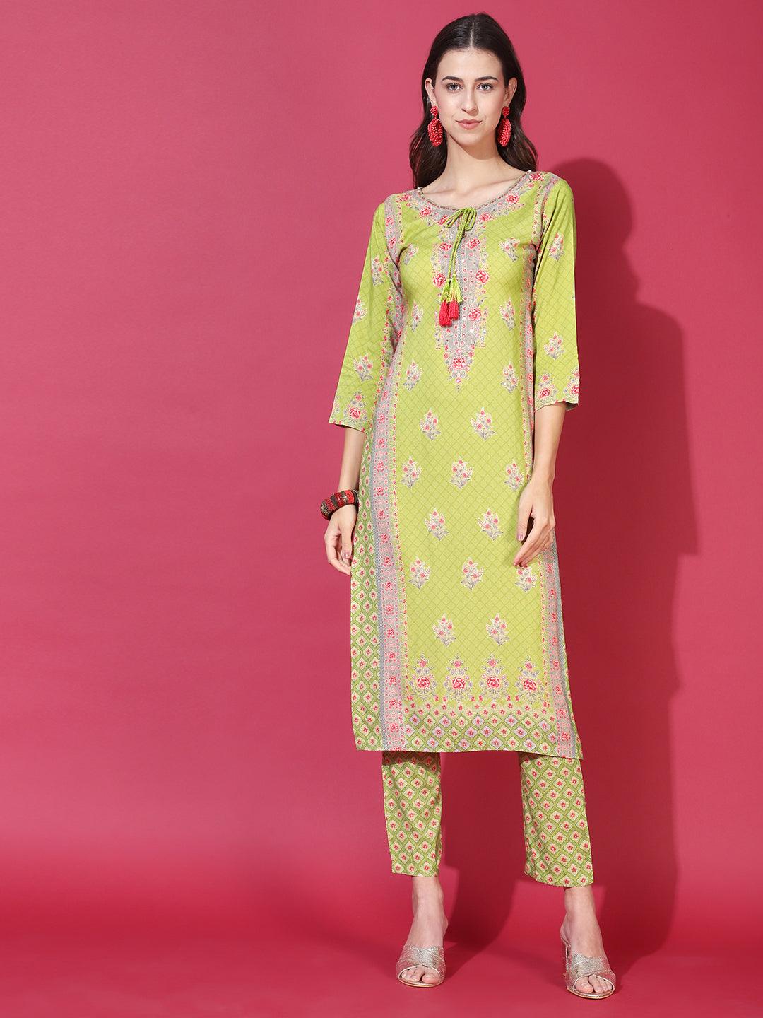 Floral Printed & Hand Embroidered Straight Fit Kurta with Pants - Light Green - Indiakreations