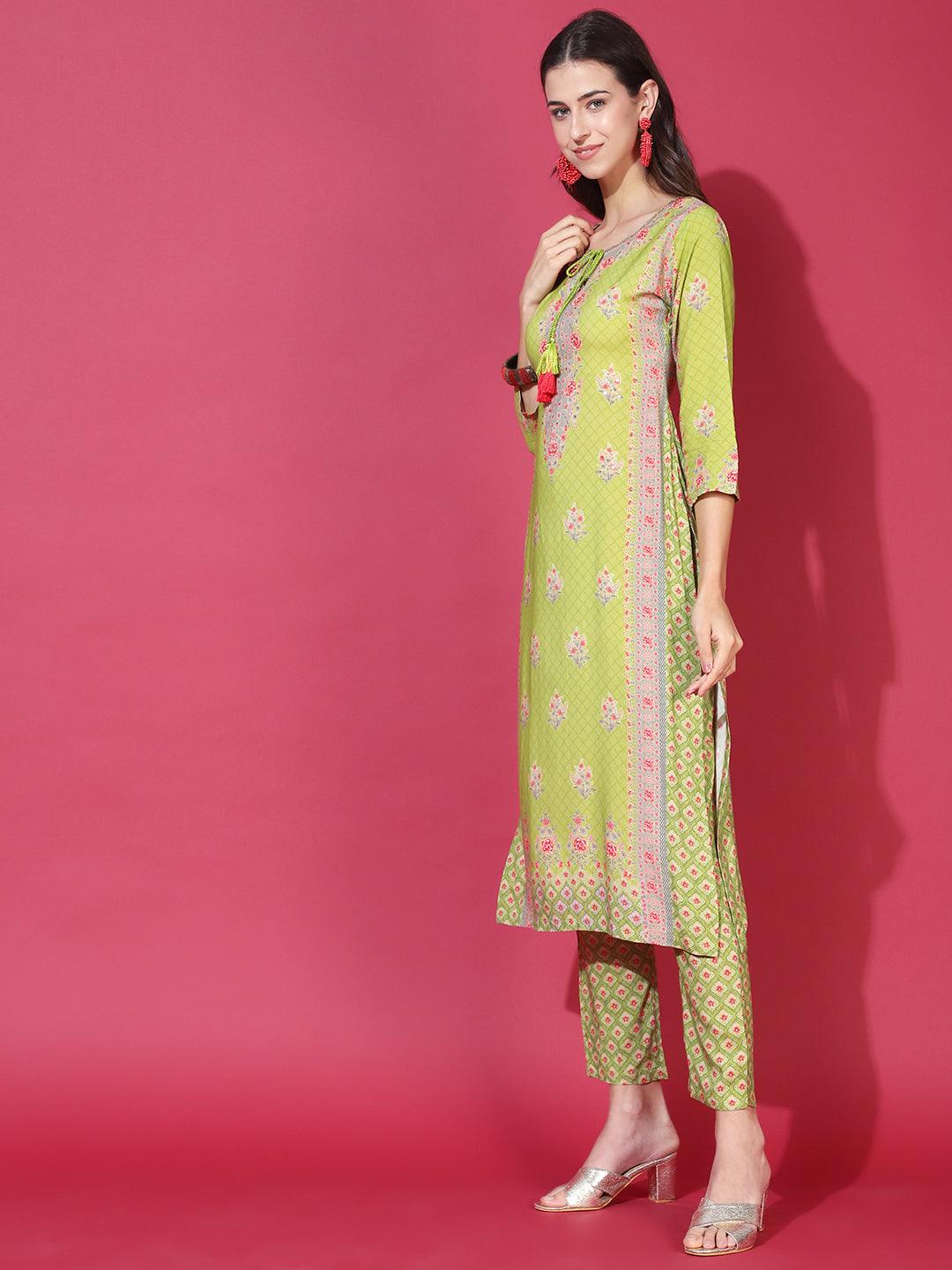 Floral Printed & Hand Embroidered Straight Fit Kurta with Pants - Light Green - Indiakreations