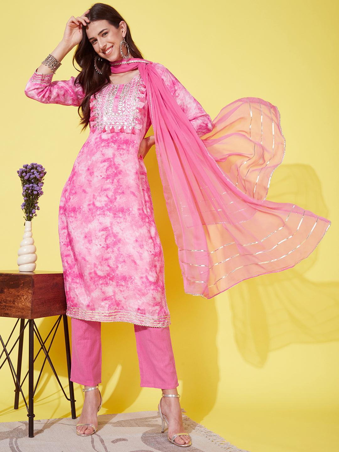 Abstract Printed & Embroidered Kurta with Pants & Dupatta - Pink - Indiakreations