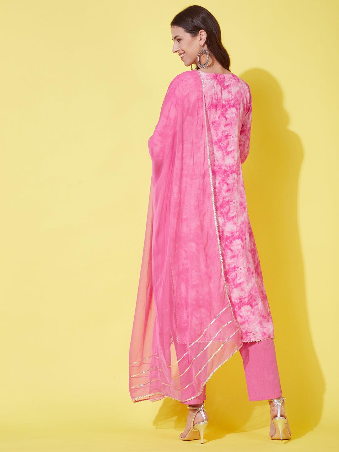 Abstract Printed & Embroidered Kurta with Pants & Dupatta - Pink - Indiakreations