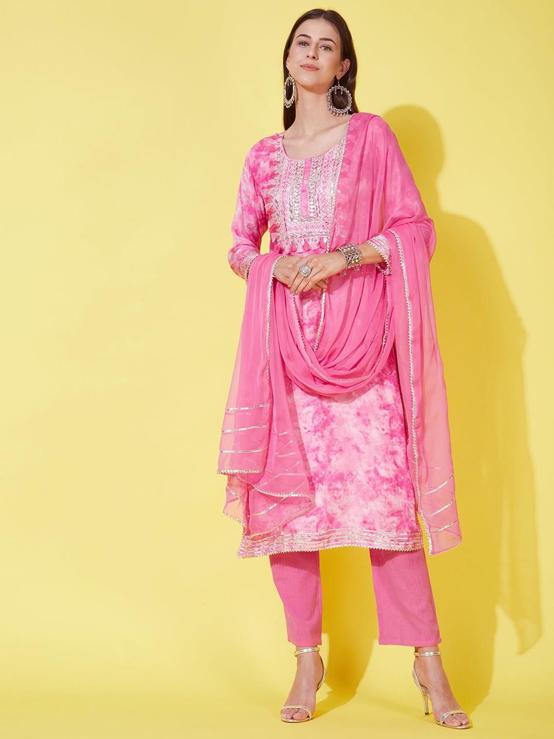 Abstract Printed & Embroidered Kurta with Pants & Dupatta - Pink - Indiakreations