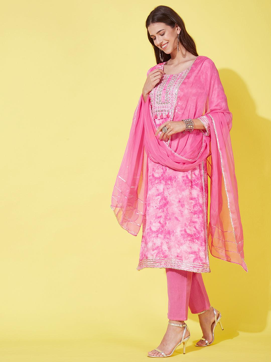 Abstract Printed & Embroidered Kurta with Pants & Dupatta - Pink - Indiakreations