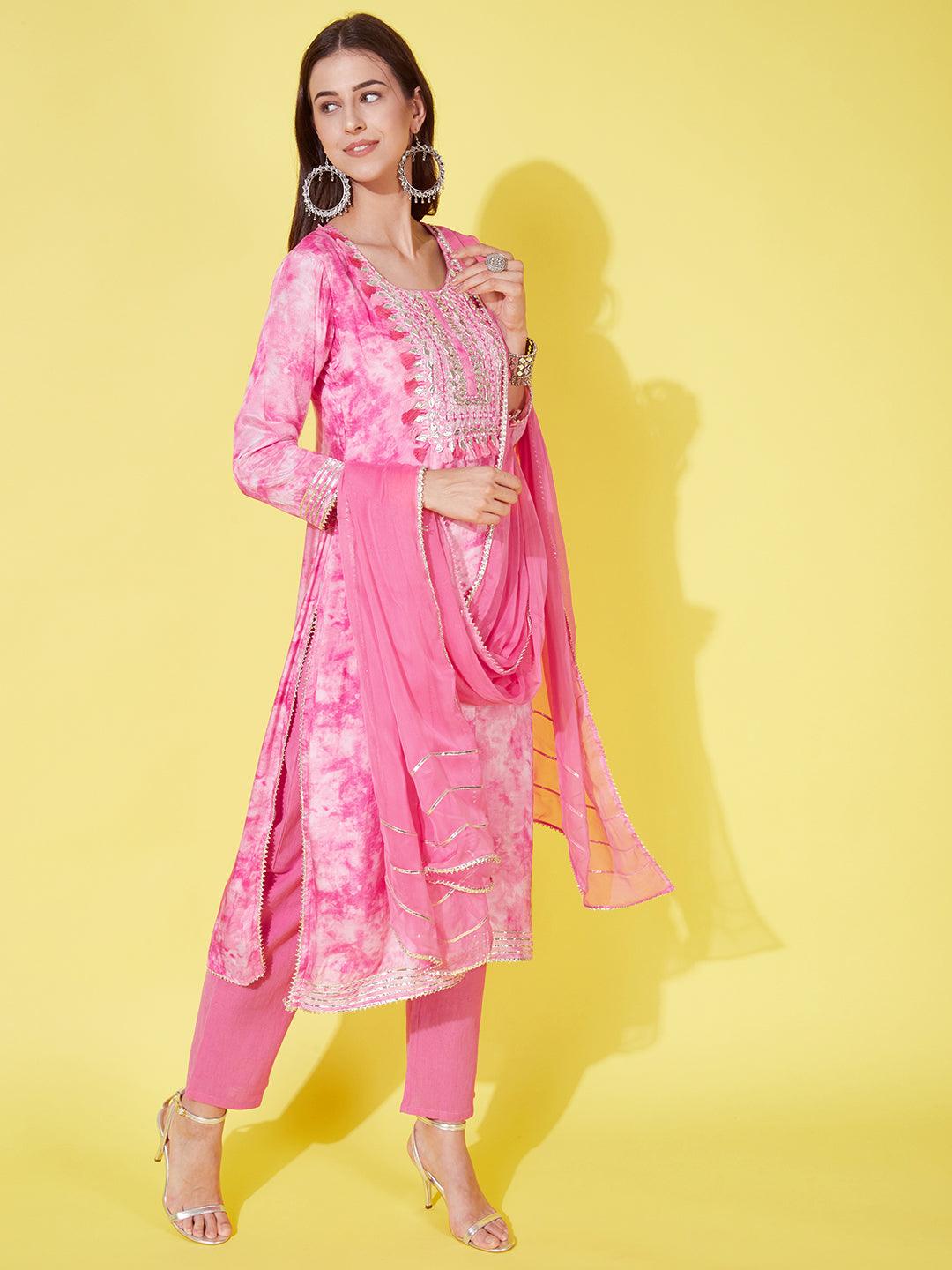 Abstract Printed & Embroidered Kurta with Pants & Dupatta - Pink - Indiakreations