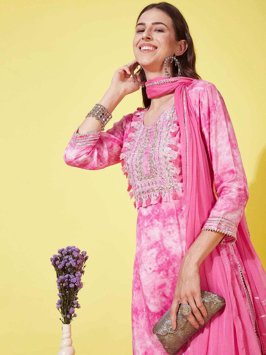 Abstract Printed & Embroidered Kurta with Pants & Dupatta - Pink - Indiakreations