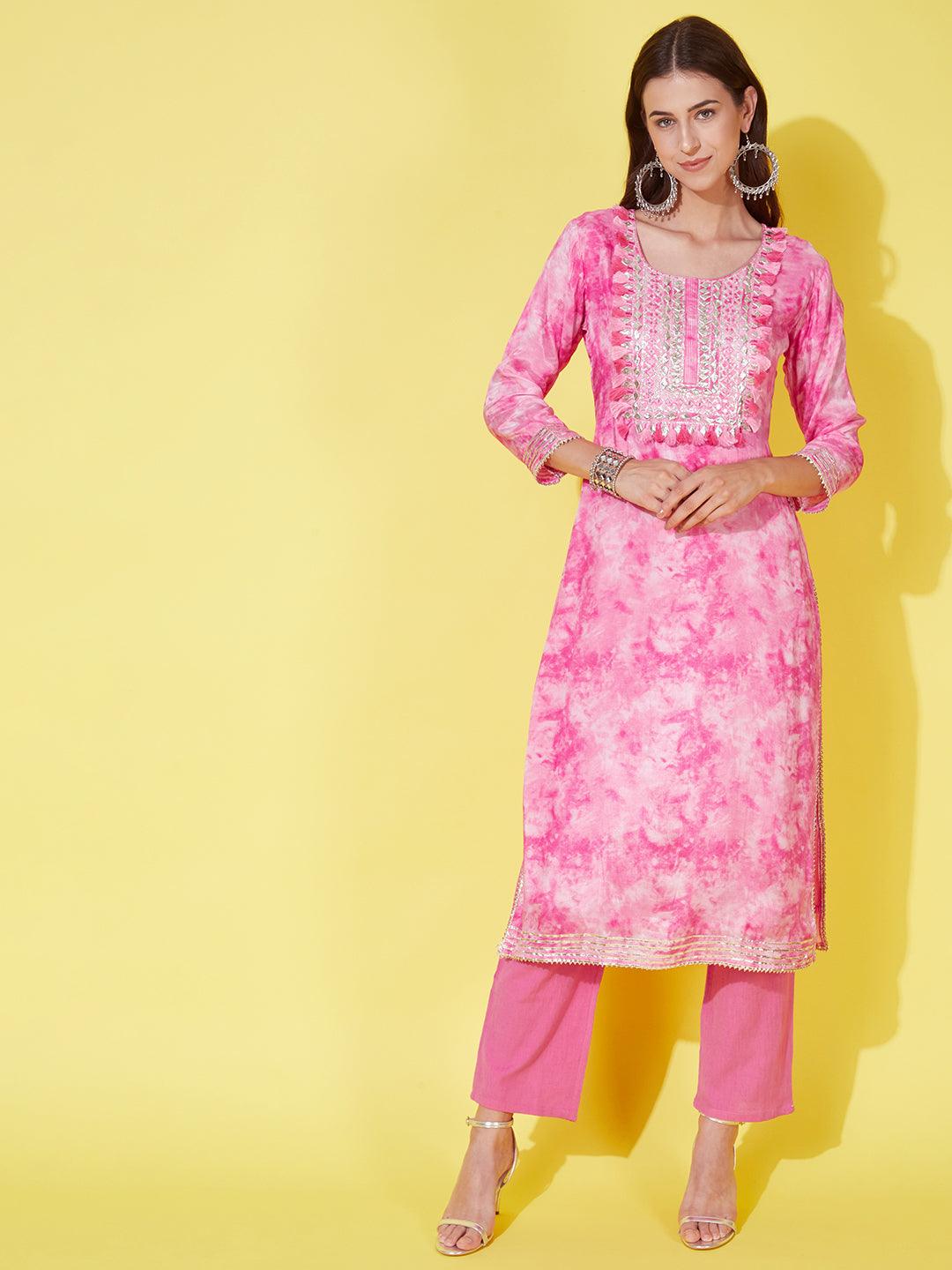 Abstract Printed & Embroidered Kurta with Pants & Dupatta - Pink - Indiakreations