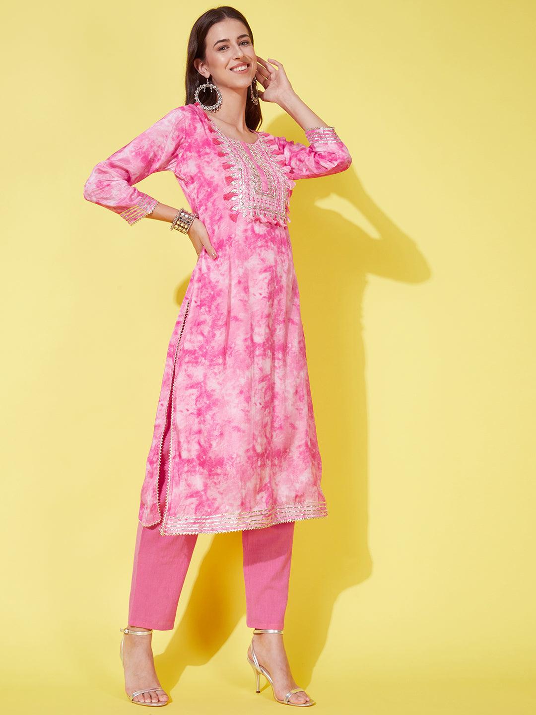 Abstract Printed & Embroidered Kurta with Pants & Dupatta - Pink - Indiakreations