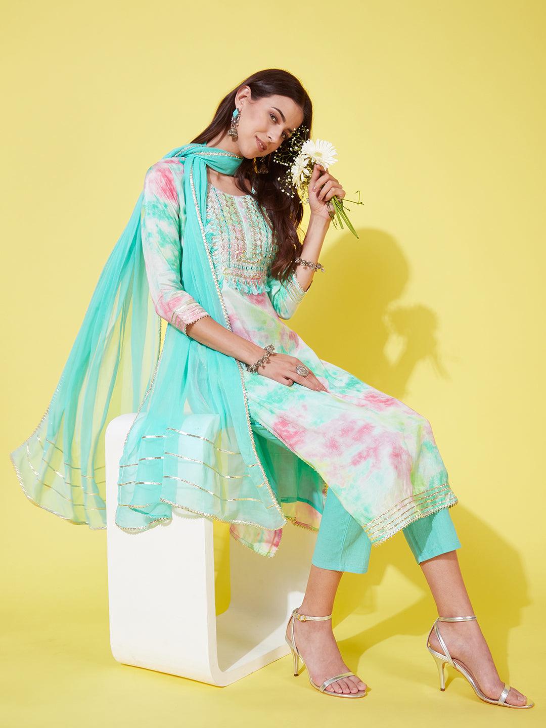 Abstract Printed & Embroidered Kurta with Pants & Dupatta - Multi - Indiakreations