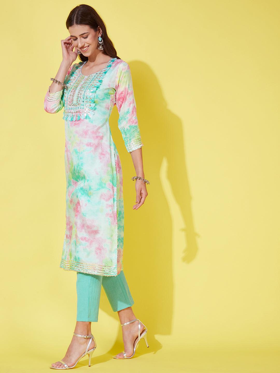 Abstract Printed & Embroidered Kurta with Pants & Dupatta - Multi - Indiakreations