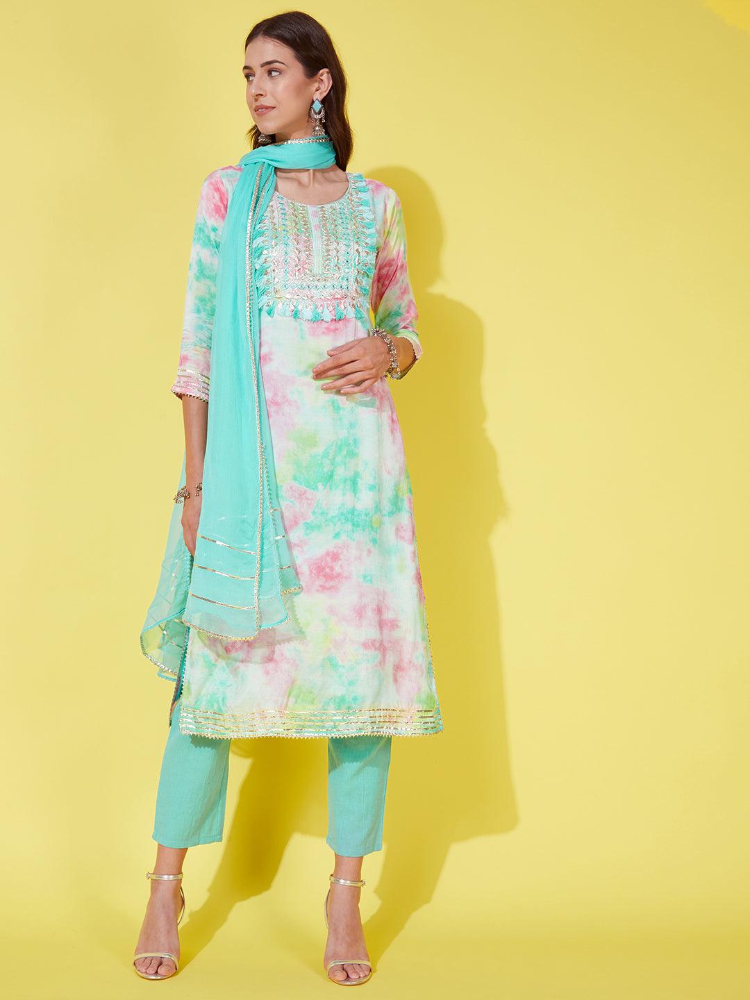 Abstract Printed & Embroidered Kurta with Pants & Dupatta - Multi - Indiakreations