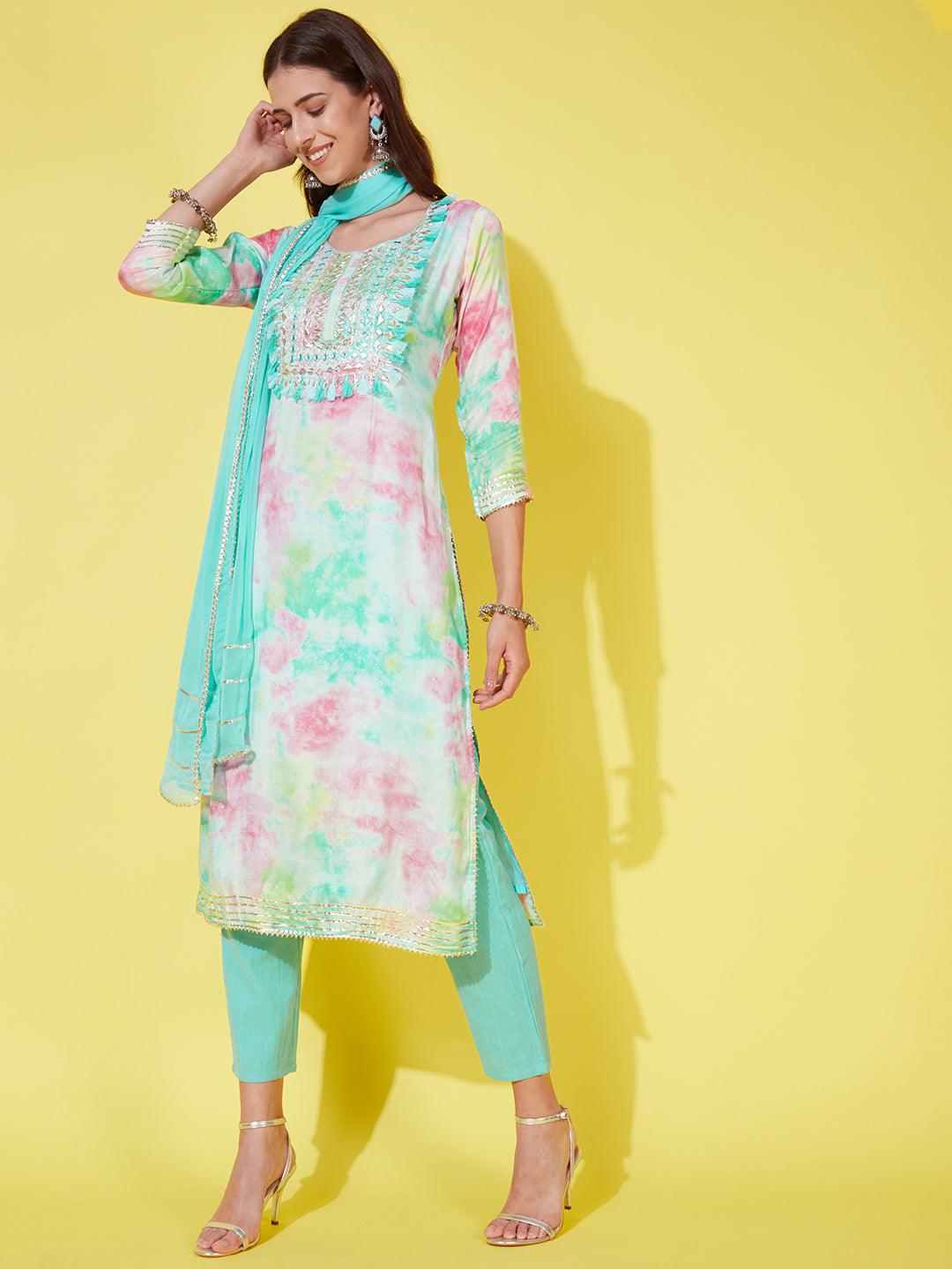 Abstract Printed & Embroidered Kurta with Pants & Dupatta - Multi - Indiakreations