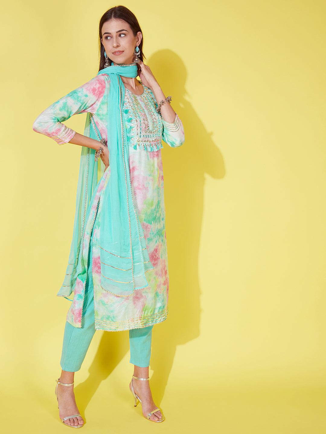 Abstract Printed & Embroidered Kurta with Pants & Dupatta - Multi - Indiakreations