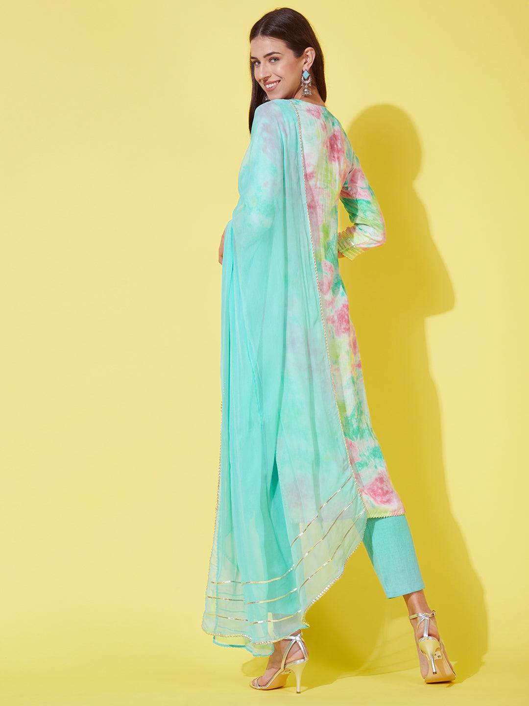 Abstract Printed & Embroidered Kurta with Pants & Dupatta - Multi - Indiakreations