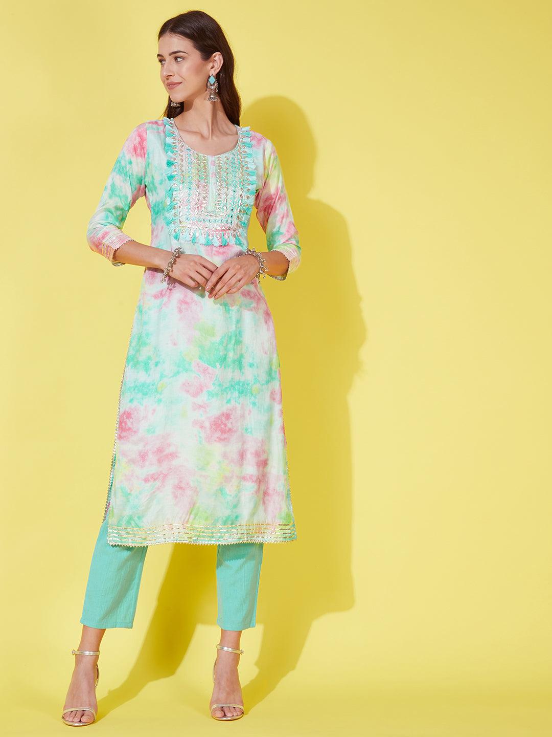 Abstract Printed & Embroidered Kurta with Pants & Dupatta - Multi - Indiakreations