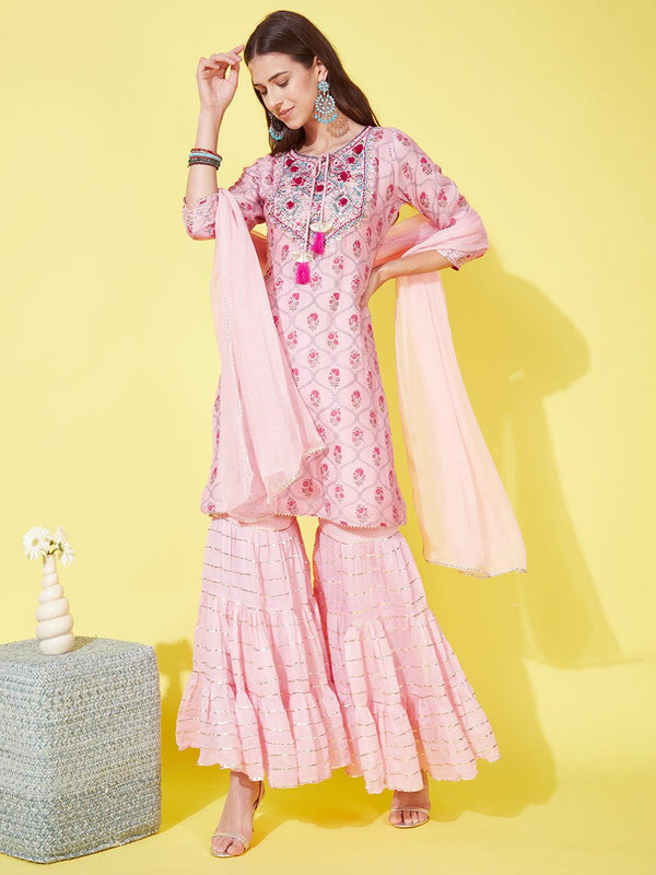 Floral Printed & Hand Embroidered Kurta with Sharara and Dupatta - Light Pink - Indiakreations