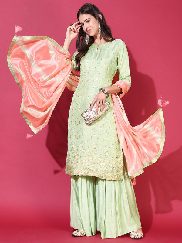 Ethnic Woven Straight Fit Kurta with Sharara & Dupatta - Light Green - Indiakreations