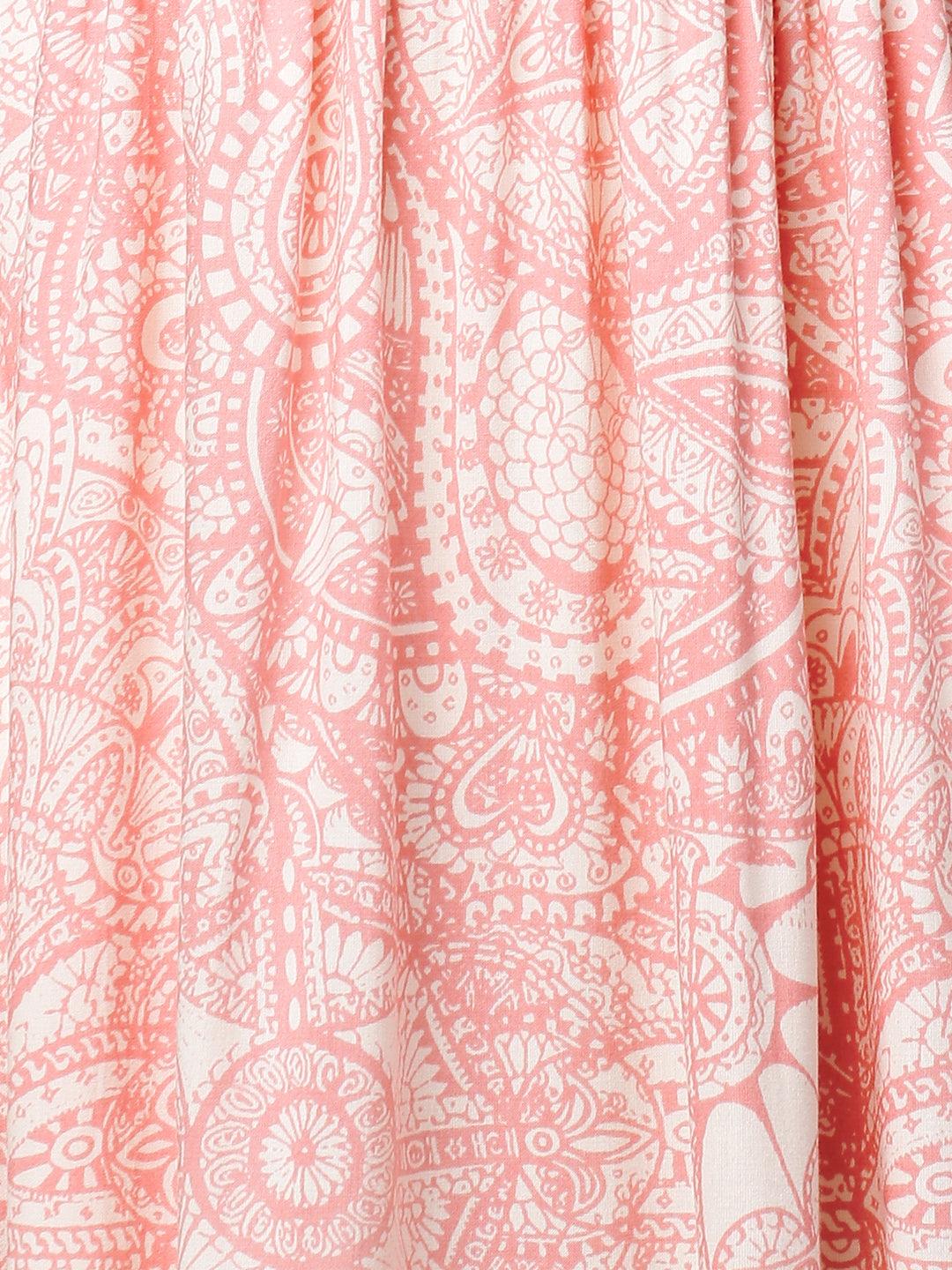 Ethnic Printed A-Line Flared Midi Dress - Light Pink - Indiakreations