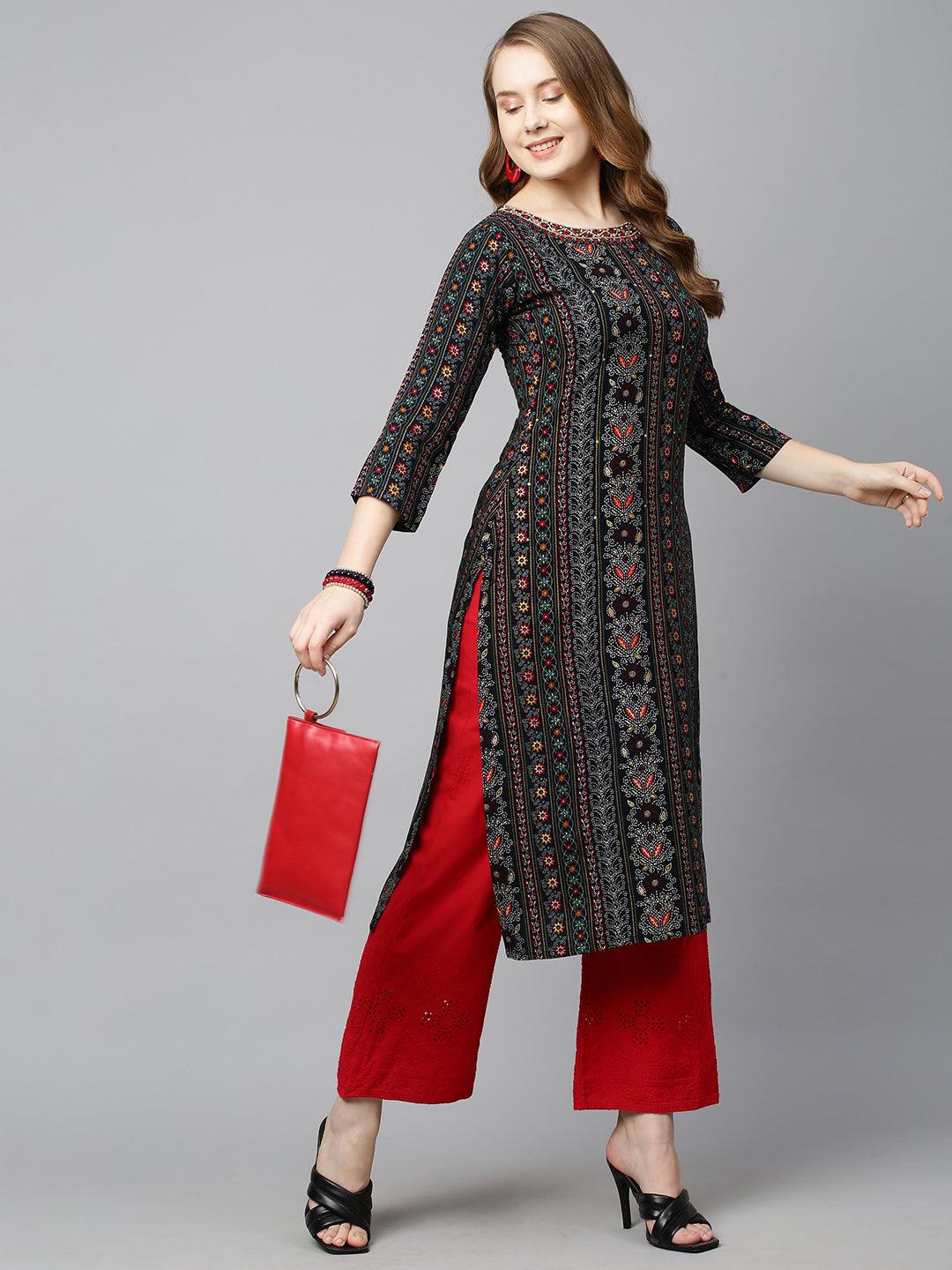 Ethnic Printed & Hand Embroidered Straight Fit Kurta - Navy Blue - Indiakreations