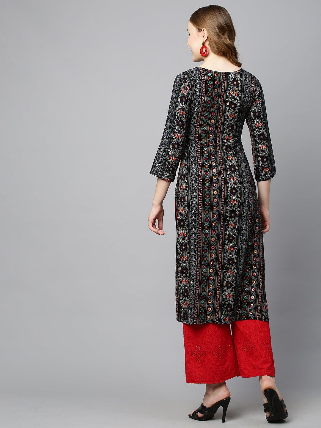 Ethnic Printed & Hand Embroidered Straight Fit Kurta - Navy Blue - Indiakreations