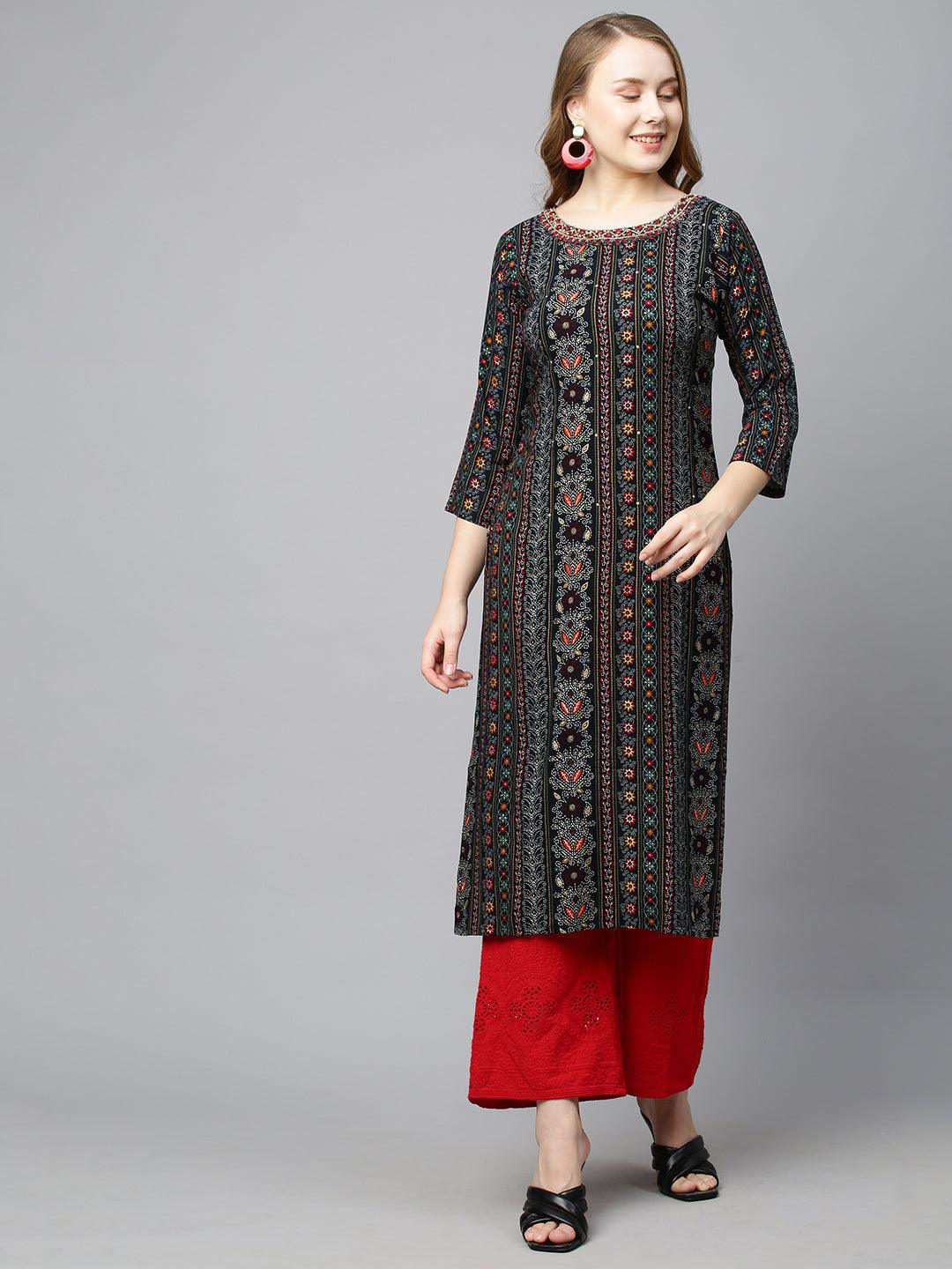 Ethnic Printed & Hand Embroidered Straight Fit Kurta - Navy Blue - Indiakreations