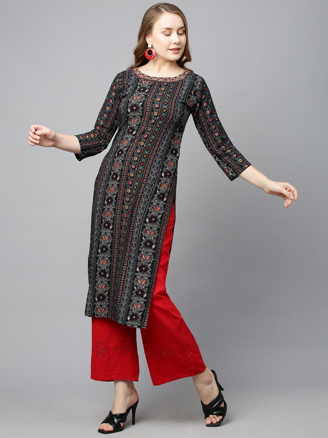 Ethnic Printed & Hand Embroidered Straight Fit Kurta - Navy Blue - Indiakreations