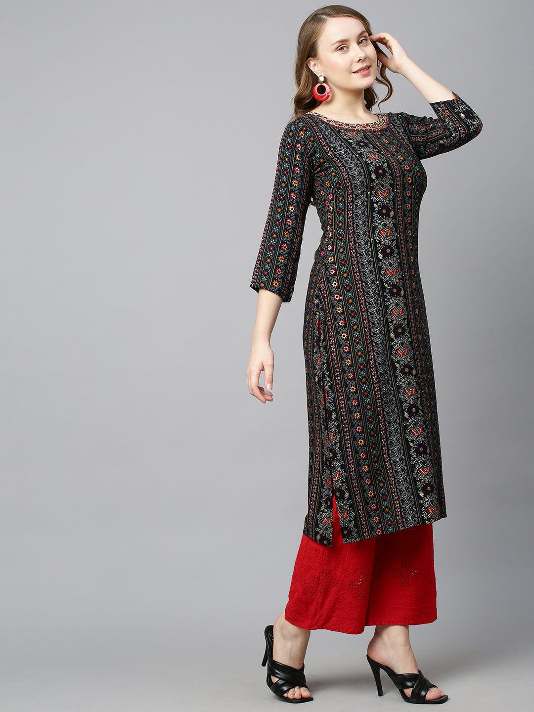 Ethnic Printed & Hand Embroidered Straight Fit Kurta - Navy Blue - Indiakreations