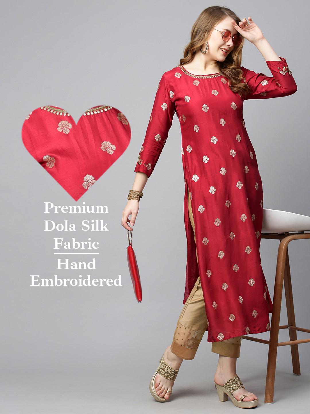 Ethnic Hand Embroidered Straight Fit Kurta - Red - Indiakreations