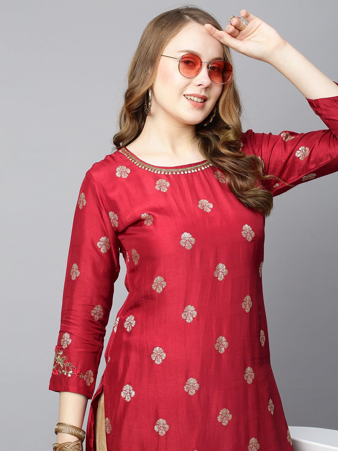 Ethnic Hand Embroidered Straight Fit Kurta - Red - Indiakreations