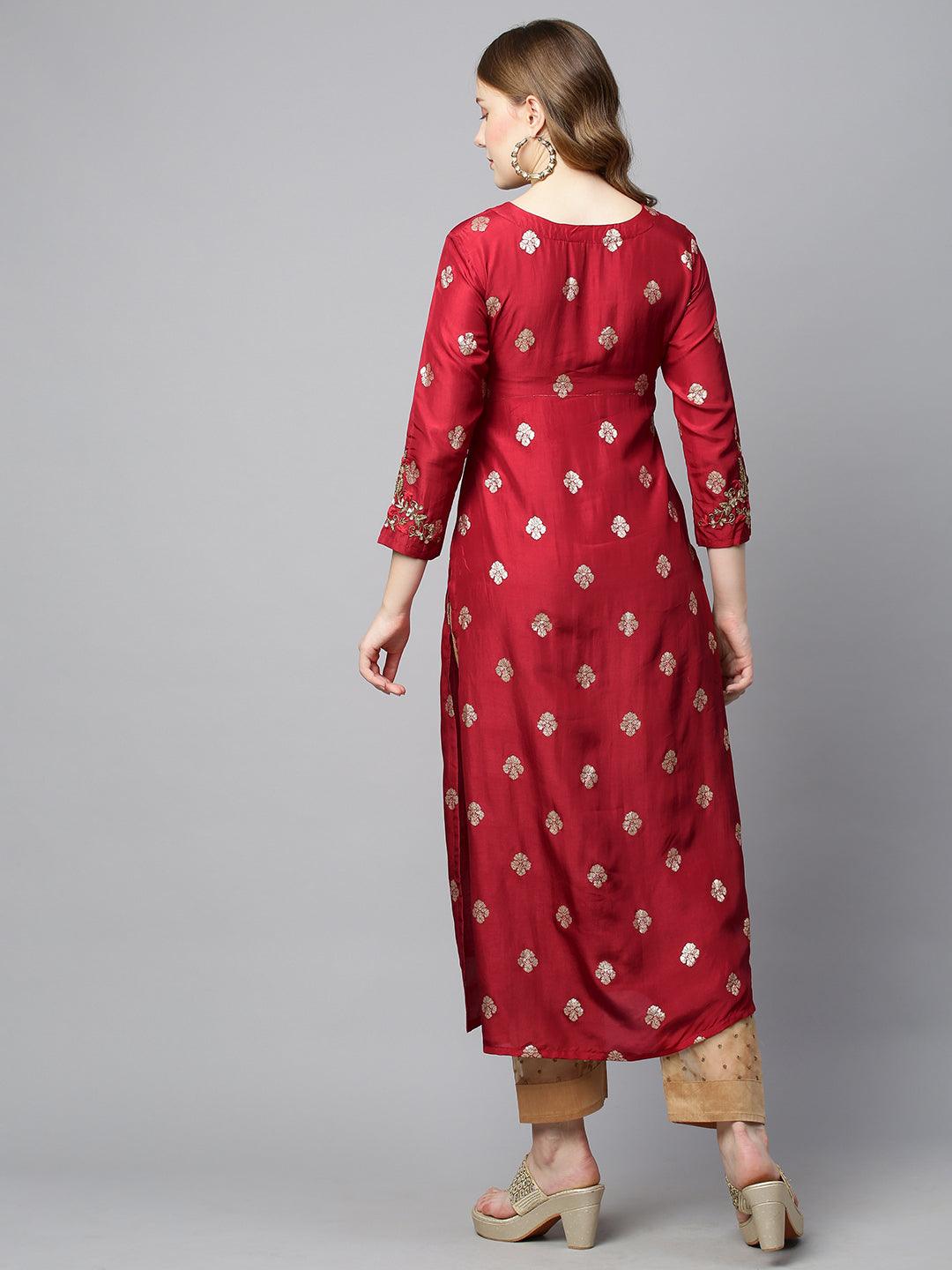 Ethnic Hand Embroidered Straight Fit Kurta - Red - Indiakreations