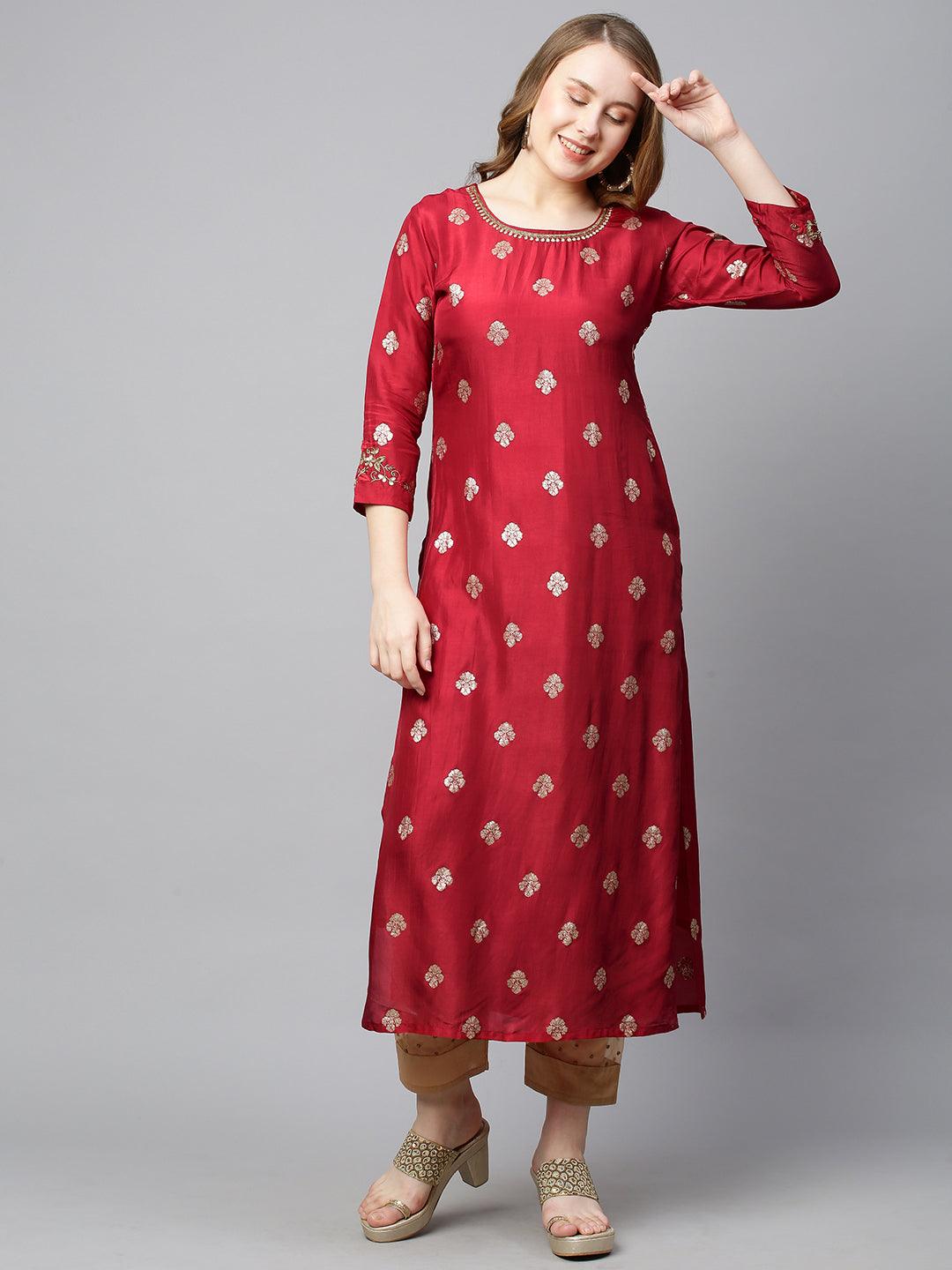 Ethnic Hand Embroidered Straight Fit Kurta - Red - Indiakreations