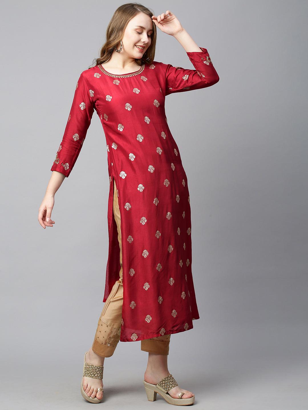 Ethnic Hand Embroidered Straight Fit Kurta - Red - Indiakreations