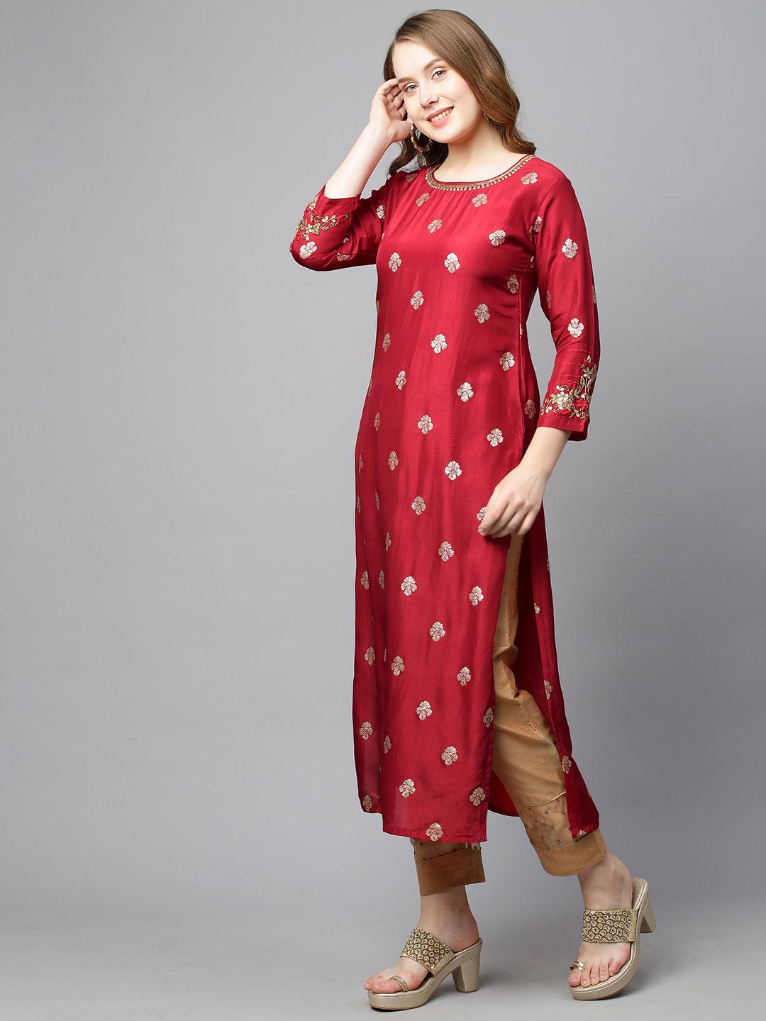 Ethnic Hand Embroidered Straight Fit Kurta - Red - Indiakreations