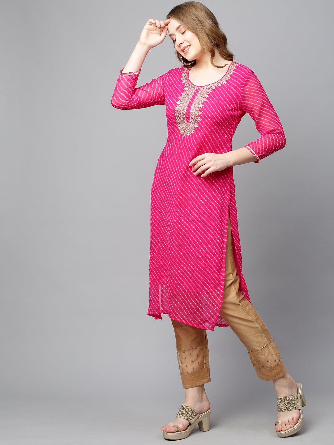 Leheriya Printed & Hand Embroidered Straight Fit Kurta - Rani Pink - Indiakreations