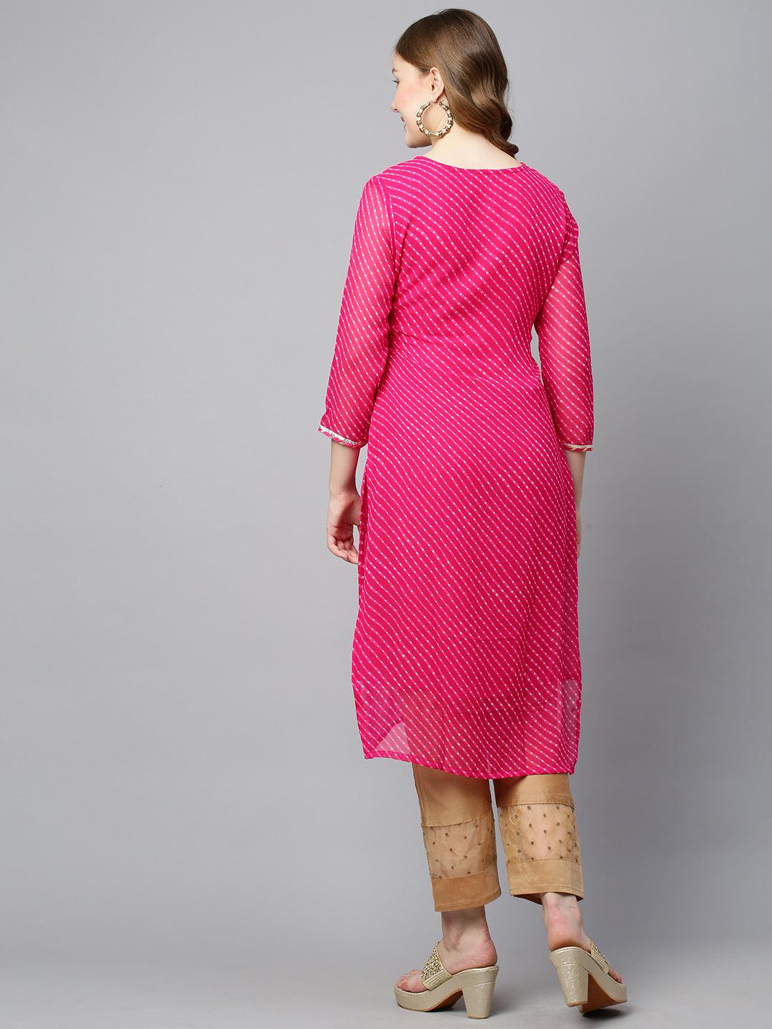 Leheriya Printed & Hand Embroidered Straight Fit Kurta - Rani Pink - Indiakreations