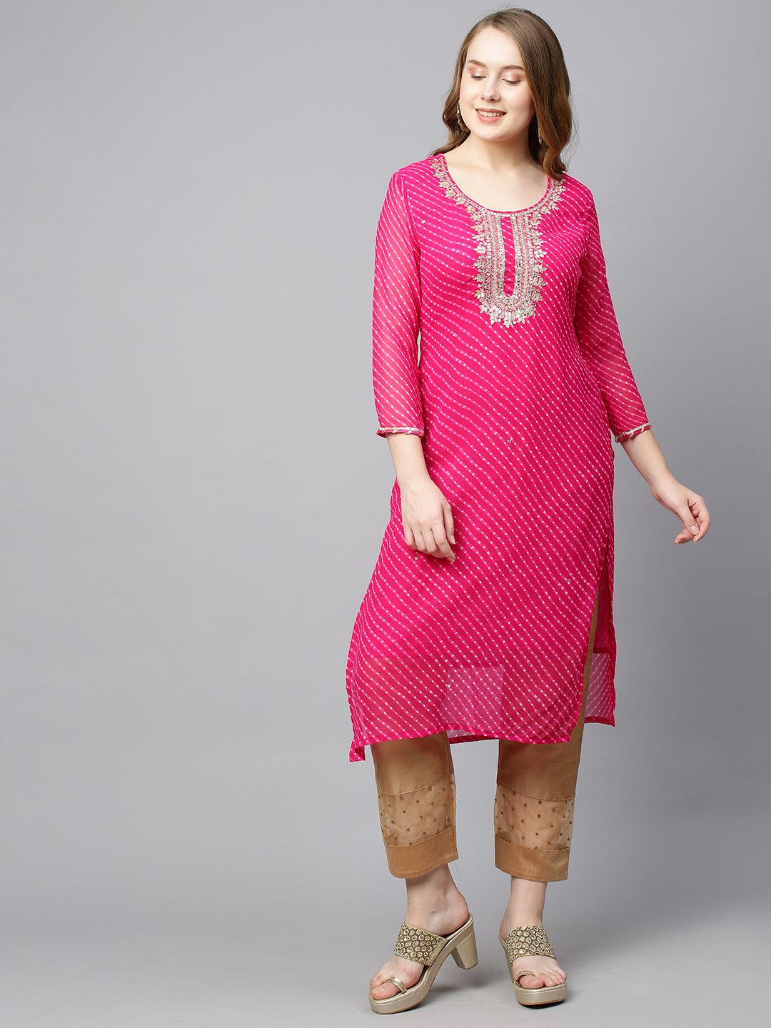 Leheriya Printed & Hand Embroidered Straight Fit Kurta - Rani Pink - Indiakreations