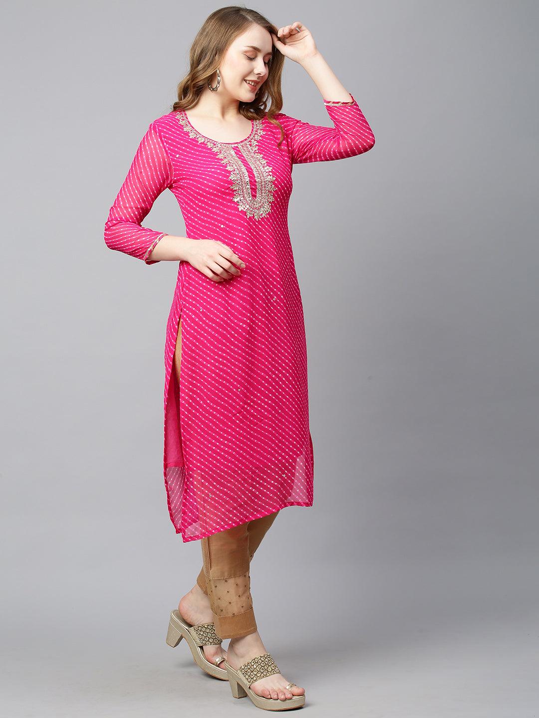 Leheriya Printed & Hand Embroidered Straight Fit Kurta - Rani Pink - Indiakreations