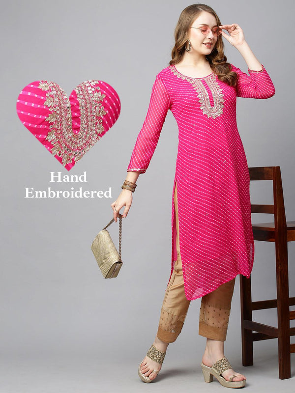 Leheriya Printed & Hand Embroidered Straight Fit Kurta - Rani Pink - Indiakreations