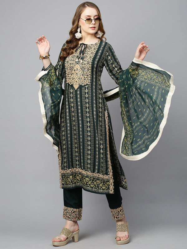 Ethnic Stripes Printed & Embroidered Kurta with Pants & Dupatta - Dark Green - Indiakreations