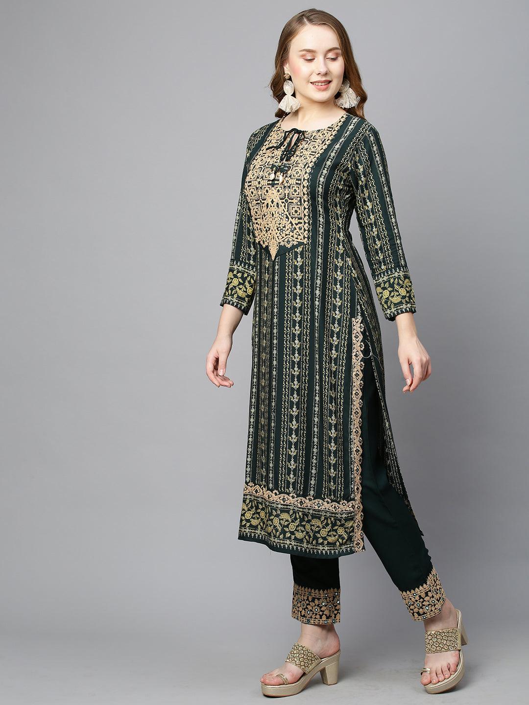 Ethnic Stripes Printed & Embroidered Kurta with Pants & Dupatta - Dark Green - Indiakreations