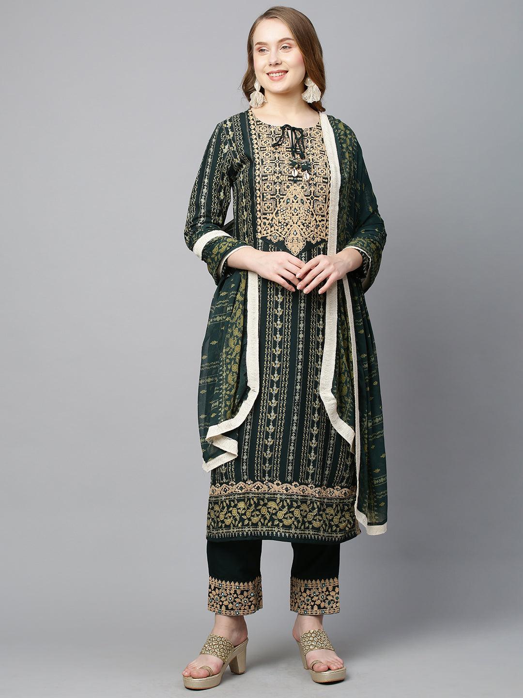 Ethnic Stripes Printed & Embroidered Kurta with Pants & Dupatta - Dark Green - Indiakreations