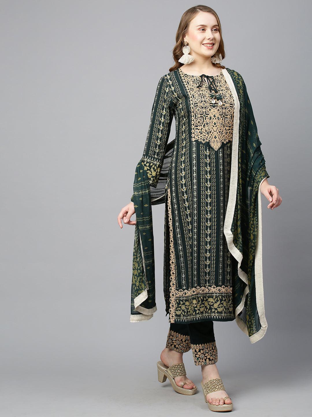 Ethnic Stripes Printed & Embroidered Kurta with Pants & Dupatta - Dark Green - Indiakreations