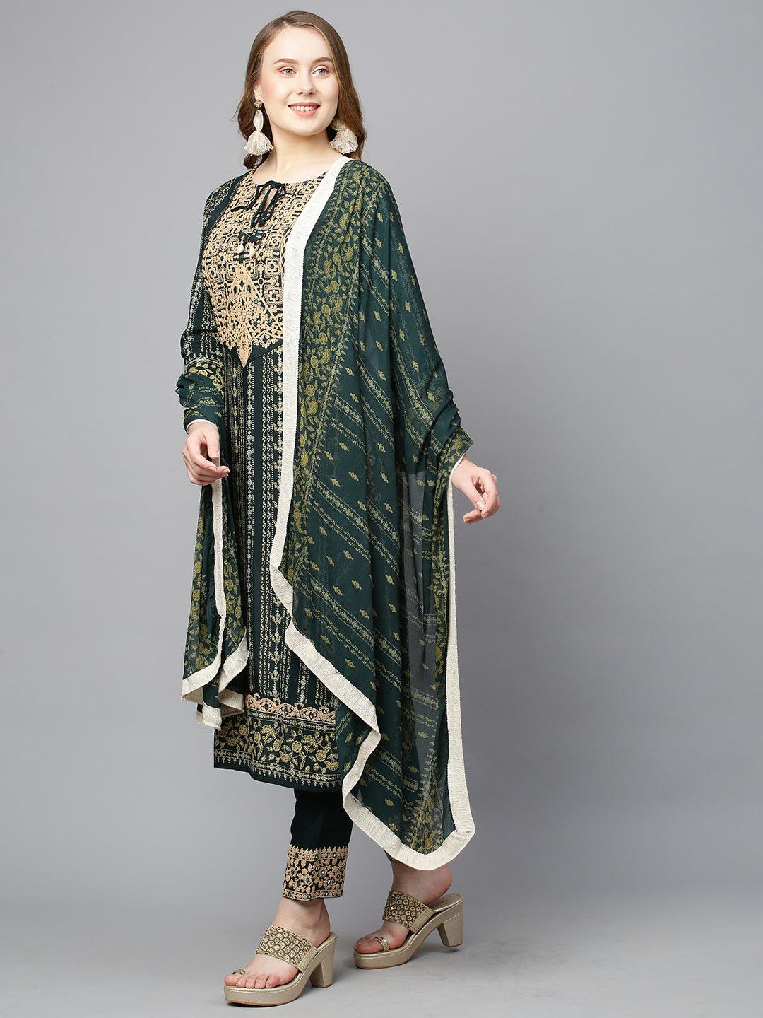 Ethnic Stripes Printed & Embroidered Kurta with Pants & Dupatta - Dark Green - Indiakreations